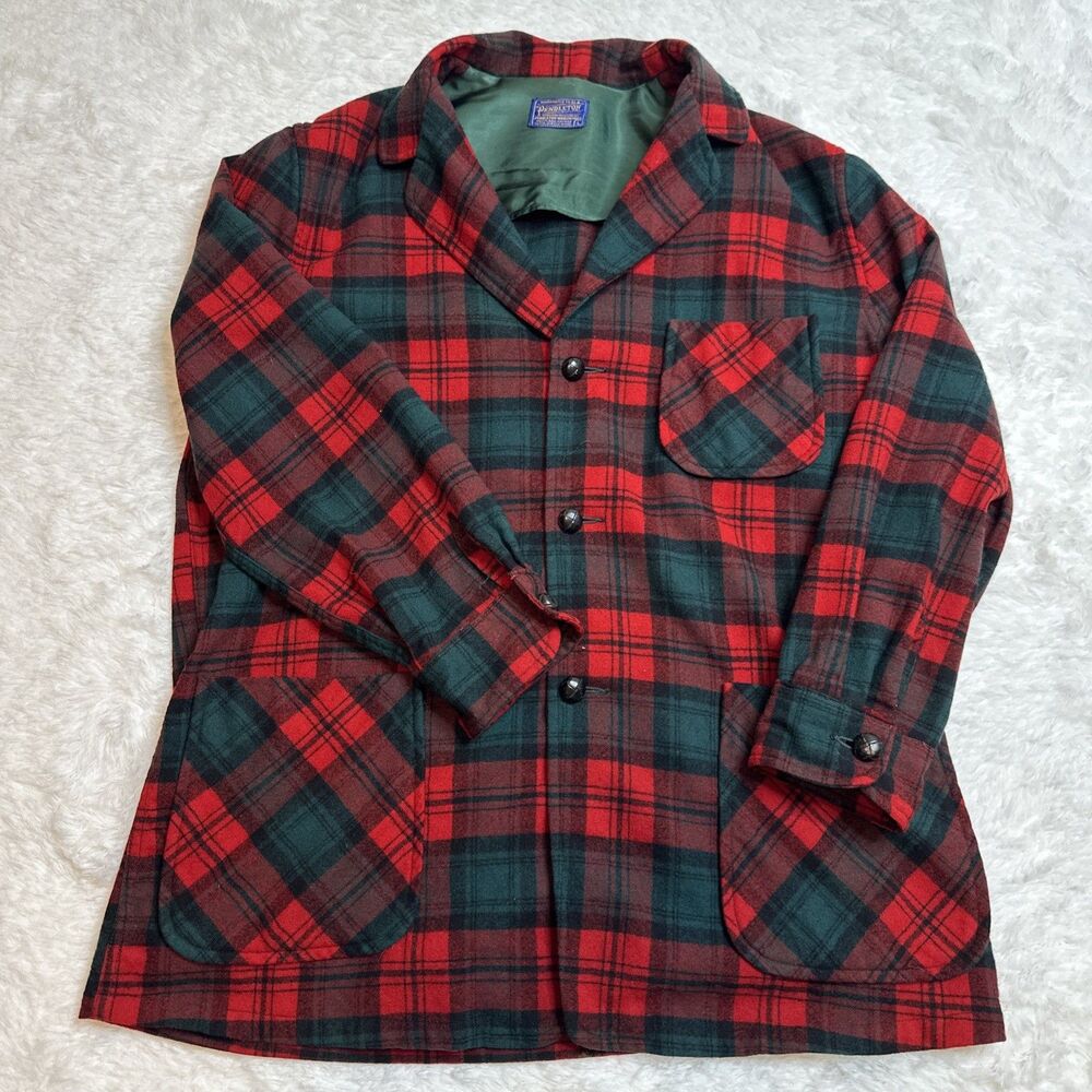 Vintage Pendleton Jacket Red Green Plaid Wool Sport Coat 60s Holidays Men’s L